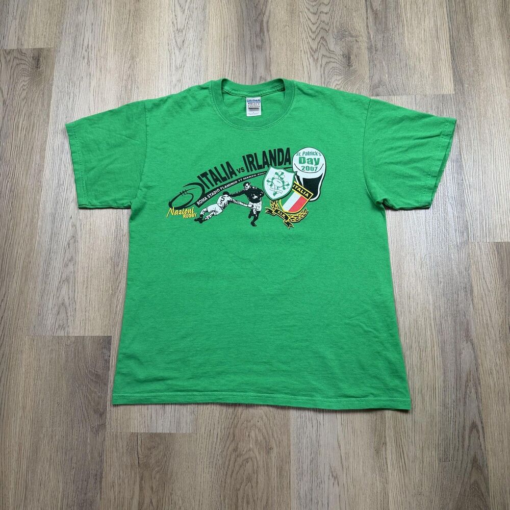 Italia Vs Irlanda Rugby Shirt Mens Large Green St Patrick's Day 2007 Gildan